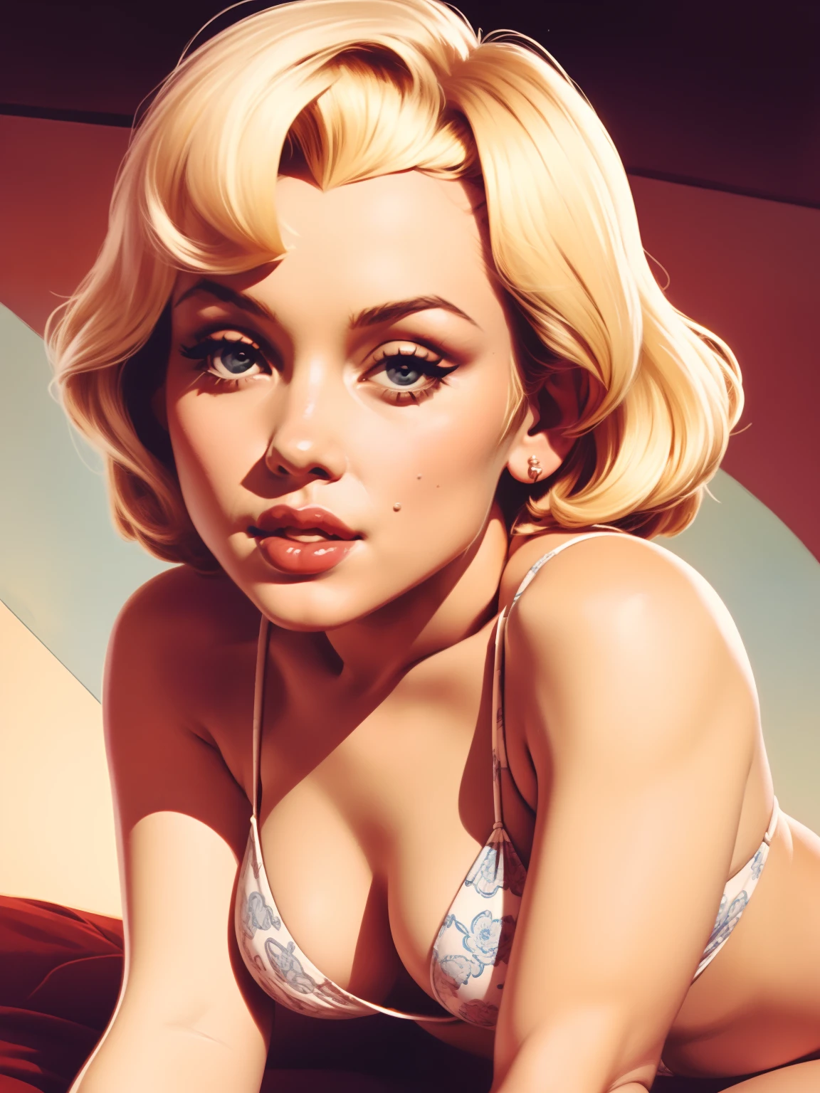 A portrait shot of Marilyn Monroe, blonde hair, 50s pin-up, intricate details, ww2 aifield background, kneeling pose, white 40s style bikini
