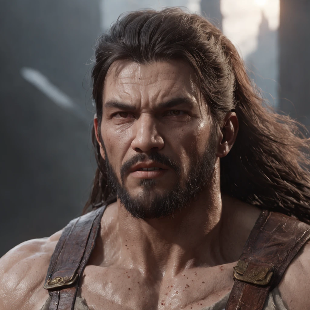 (Professional 3D Rendering:1.3) in the (Realistic:1.3) The most beautiful artwork photos in the world,Features soft and shiny male heroes, ((Epic Hero Fantasy Muscle ManRough Wet Hero Angry Long Hair Short Beard and Ferocious Expression in Dynamic Pose, fantastic location, majestic cluttered environment)), Full body 8K unity rendering, action SHOT, skin pore, Very dark lighting, Heavy shading, Detailed, Detailed face, (Vibrant, photos realistic, Realistic, Dramatic, Dark, Sharp Focus, 8K), (Old leather garments damaged by weathering:1.4), ((((Wear fur)))), (Convoluted:1.4), Decadent, (Highly detailed:1.4), Digital Painting, rendering by octane, art stations, concept-art, Smooth, Sharp Focus, Illustration, Art Germ, (Roisch:0.23), Vlop Ilya Kuvshinov, Gregg Rutkowski and Alphonse Mucha Gracias, (Global Illumination, studio lights, volumettic light), Heavy rain, particles floating, lotr, Fantasy, elf, full body Esbian, ((Dark ancient city background:1.3)),CG Sessa,art stations