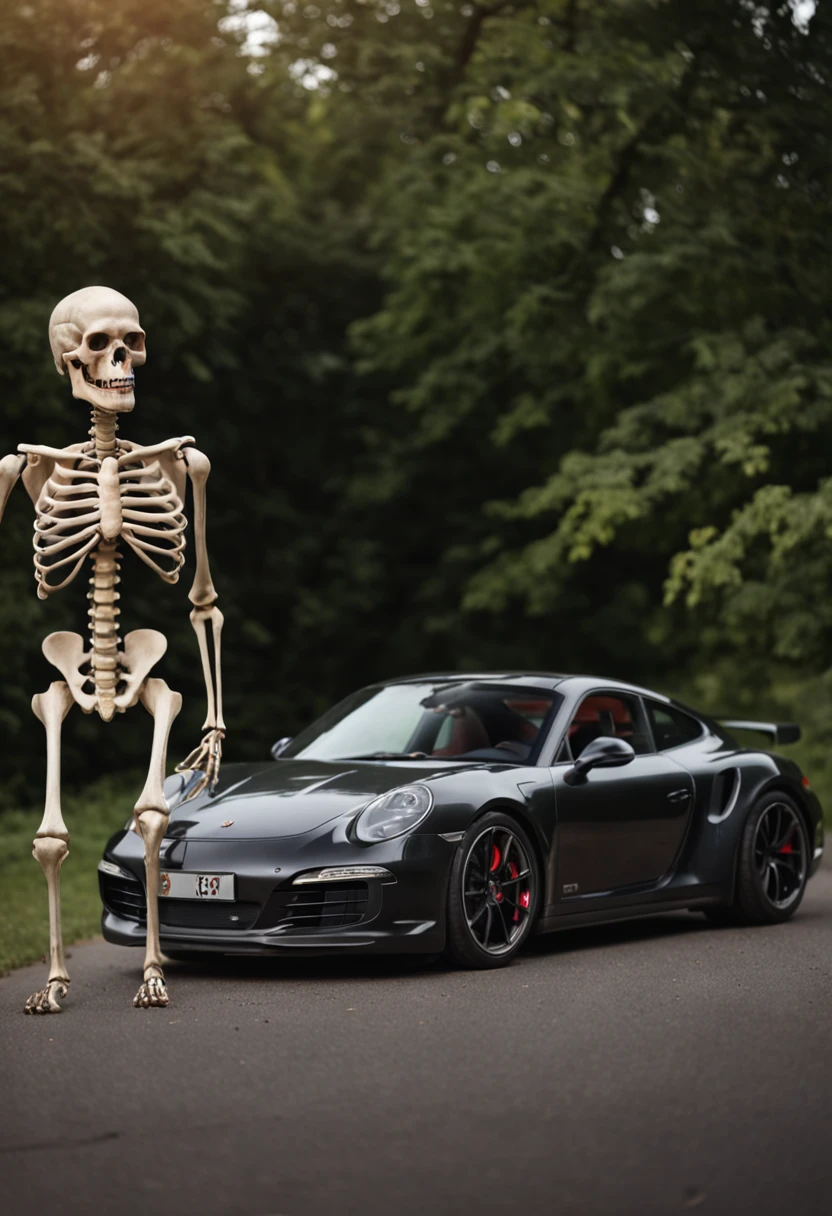 a skeleton monster driving a porsche 911