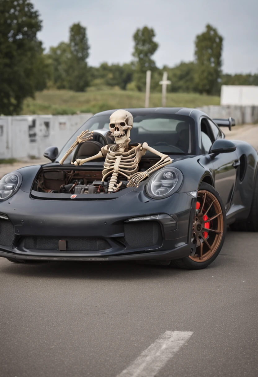 a skeleton monster driving a porsche 911