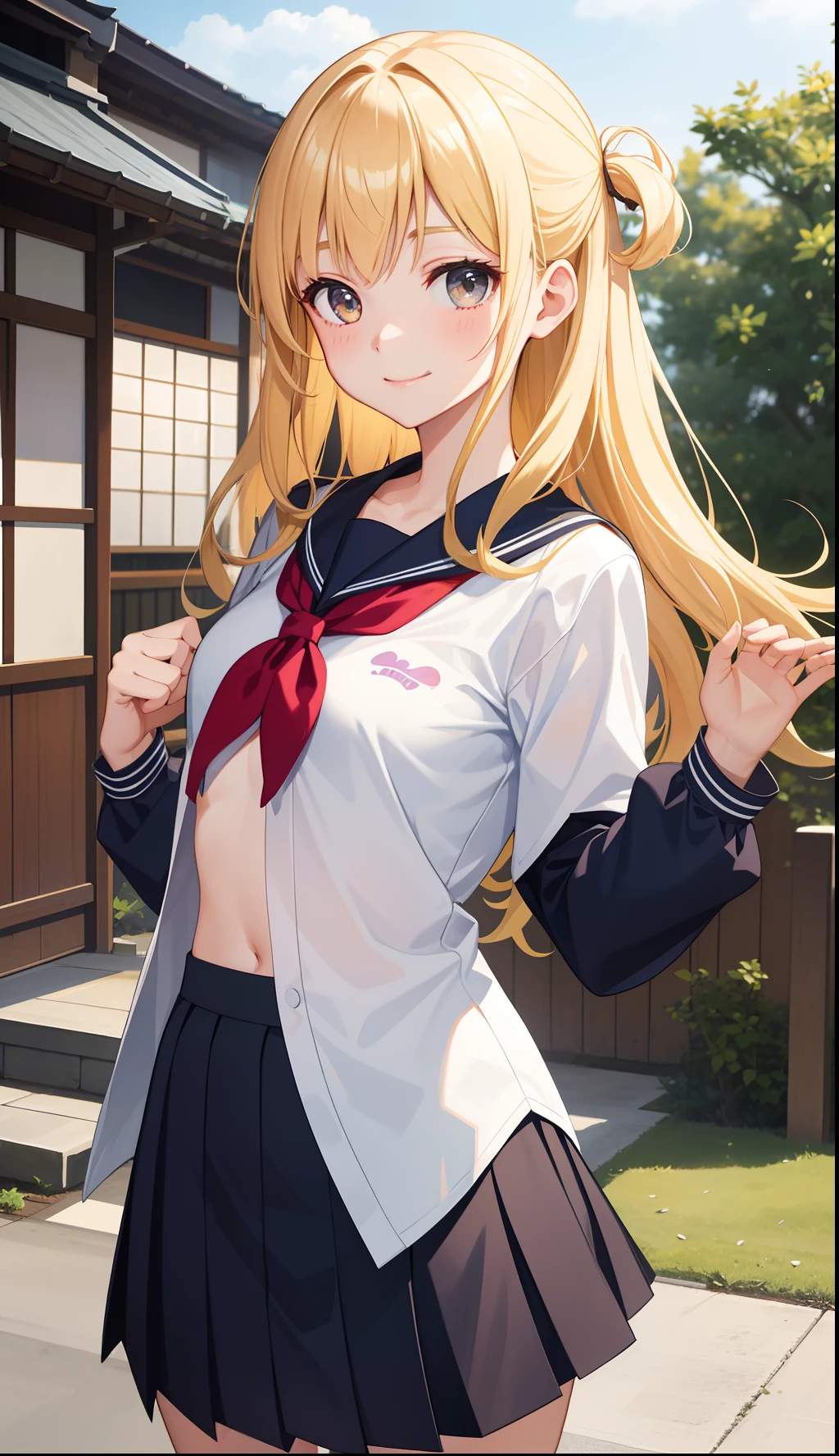 1girl in、A smile、The shirt、skirt by the、(small tits)Chilarism、Japan High School Student Uniform、serafuku、summer clothing、(Sheer Bra)、Upper body portrait、blonde hair、Dynamism!!Running with the wind、Squatting panchira、plaid skirts、White skirt、