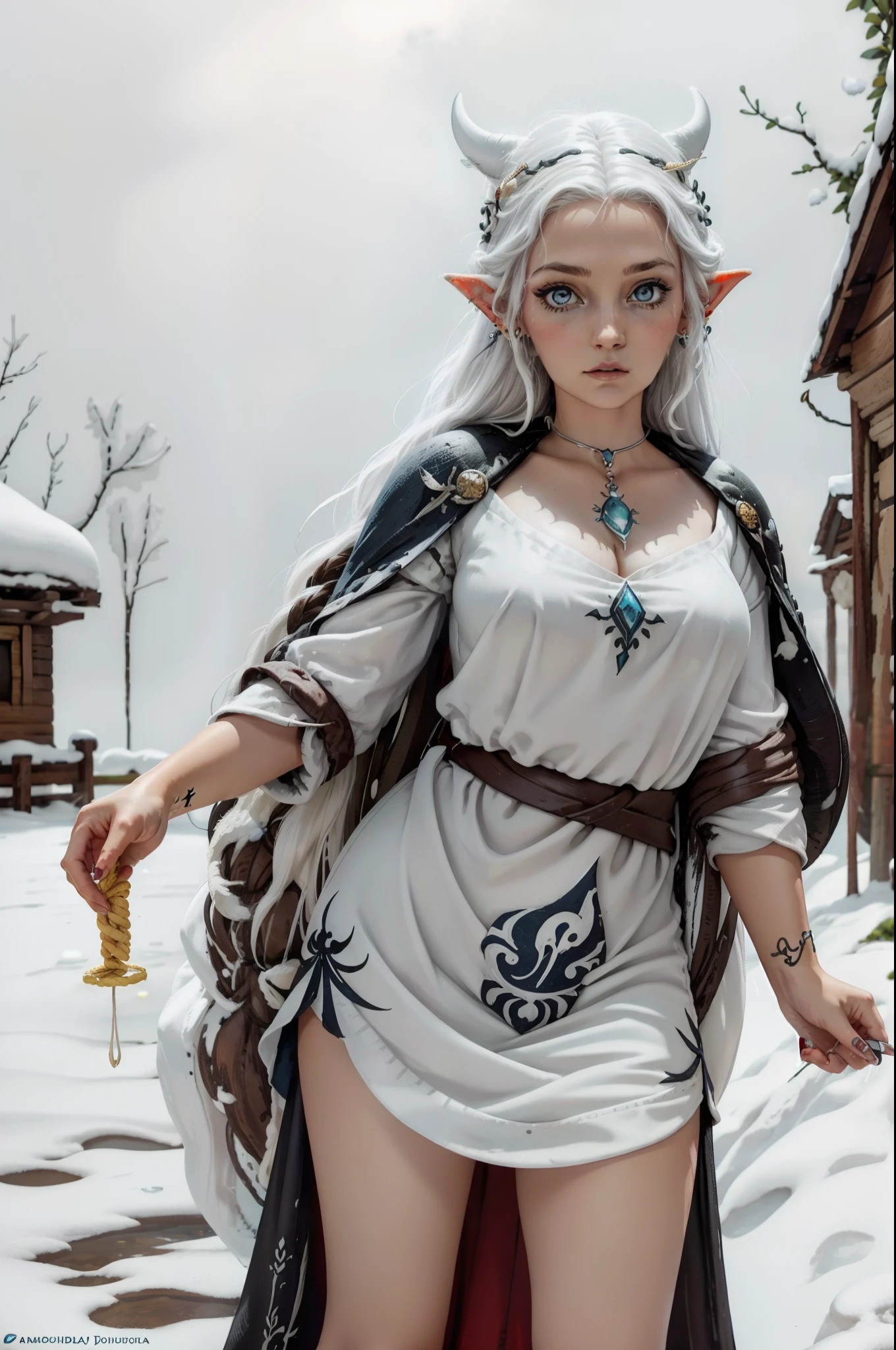 pele acizentada,poucas e pequenas queimaduras de frio. Olhos cegos, white lashes, sobrancelha branca e rareada. Pale mouth. Long flowing white hair. elvish ears, brincos gota pratas, piercings no topo da orelha. Corpo magro feminino, flowing dress and snow white,sem decote,mangas curtas. fundo nevado