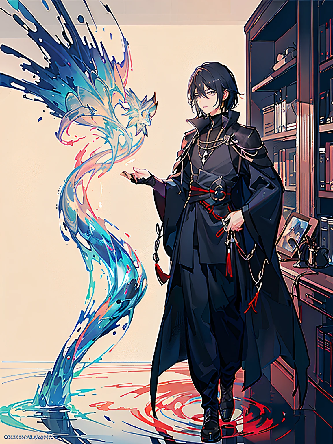 Original Character、Fantasy concept art、Volumetriclighting、best shadow、shallowdepthoffield、with short black hair、Libido boy、sobu、Creator God、magia、element in、drak,Gaze at the viewer,Dazzling sunlight,Magic bookshelf(HighestQuali,astonishing detail:1.25),(独奏:1.3),Brilliant and colorful paintings