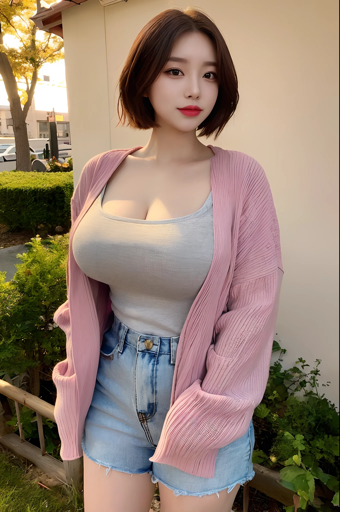 ((Top Quality, 8K, Masterpiece:1.3)), Detailed Woman:1.3, (Medium Shorthair, Big Breasts:1.2), Cardigan:1.1, Ultra Detailed, Detailed, Eyelids