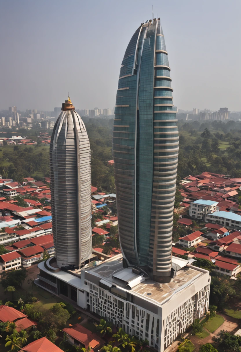 suasana kota dengan gedung gedung tinggi dengan cahaya kota, dengan latar belakang futuristik
