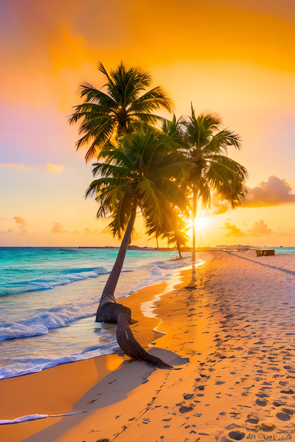 There are two coconut palms on the beach near the water..,Evening time Coconut palms on the beach, It shows the beach at sunset.., Aruba, Caribbean, Sunset Beach, Tropical Beach, At sunrise, Sunset on the beach, , coconut tree, Bahamas, coconut tree, Tropical Places, Magical beautiful Palm Beach, Jamaica, White sand carribean, Puerto Rico, Warm glow, beach