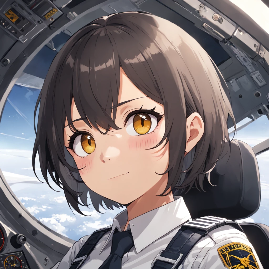 Amid Faux ASI's aviation bliss, a sudden twist upends his life. Escalating conflict leads to his unexpected draft into the Airforce. From the peaceful skies, he's thrust into the cockpit of fighter jets—F-16C for precision strikes, F-22 for air superiority, F-35 for versatile missions, and A-10 for ground support. Under the callsign "Senpai 1-1," Faux must embrace this new role. 1girl, short black bob hair, yellow eyes, Round glasses, tan skin,dark skin ,BROWN SKIN, SHE HAS LIGHT BROWN SKIN, petite body, wearing plain white formal work shirt, wearing long black pants, business tie, absurdres, high res, ultrasharp, 8k, masterpiece, looking at viewer, cat ears, airline pilot uniform, airline pilot hat, white background, short sleeve, bangs, flat chest, whiskers, androgynous, she has cat ears on her head, she has cat teeth, cloudy background, holding pet black cat, smiling, large round glasses, no airplanes, airplane cabin background, wearing a choker on neck, collar on her neck