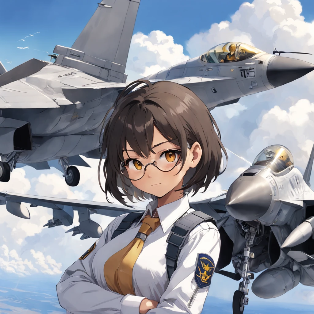 Amid Faux ASI's aviation bliss, a sudden twist upends his life. Escalating conflict leads to his unexpected draft into the Airforce. From the peaceful skies, he's thrust into the cockpit of fighter jets—F-16C for precision strikes, F-22 for air superiority, F-35 for versatile missions, and A-10 for ground support. Under the callsign "Senpai 1-1," Faux must embrace this new role. 1girl, short black bob hair, yellow eyes, Round glasses, tan skin,dark skin ,BROWN SKIN, SHE HAS LIGHT BROWN SKIN, petite body, wearing plain white formal work shirt, wearing long black pants, business tie, absurdres, high res, ultrasharp, 8k, masterpiece, looking at viewer, cat ears, airline pilot uniform, airline pilot hat, white background, short sleeve, bangs, flat chest, whiskers, androgynous, she has cat ears on her head, she has cat teeth, cloudy background, holding pet black cat, smiling, large round glasses, no airplanes, airplane cabin background, wearing a choker on neck, collar on her neck
