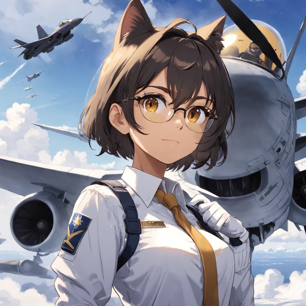 Amid Faux ASI's aviation bliss, a sudden twist upends his life. Escalating conflict leads to his unexpected draft into the Airforce. From the peaceful skies, he's thrust into the cockpit of fighter jets—F-16C for precision strikes, F-22 for air superiority, F-35 for versatile missions, and A-10 for ground support. Under the callsign "Senpai 1-1," Faux must embrace this new role. 1girl, short black bob hair, yellow eyes, Round glasses, tan skin,dark skin ,BROWN SKIN, SHE HAS LIGHT BROWN SKIN, petite body, wearing plain white formal work shirt, wearing long black pants, business tie, absurdres, high res, ultrasharp, 8k, masterpiece, looking at viewer, cat ears, airline pilot uniform, airline pilot hat, white background, short sleeve, bangs, flat chest, whiskers, androgynous, she has cat ears on her head, she has cat teeth, cloudy background, holding pet black cat, smiling, large round glasses, no airplanes, airplane cabin background, wearing a choker on neck, collar on her neck