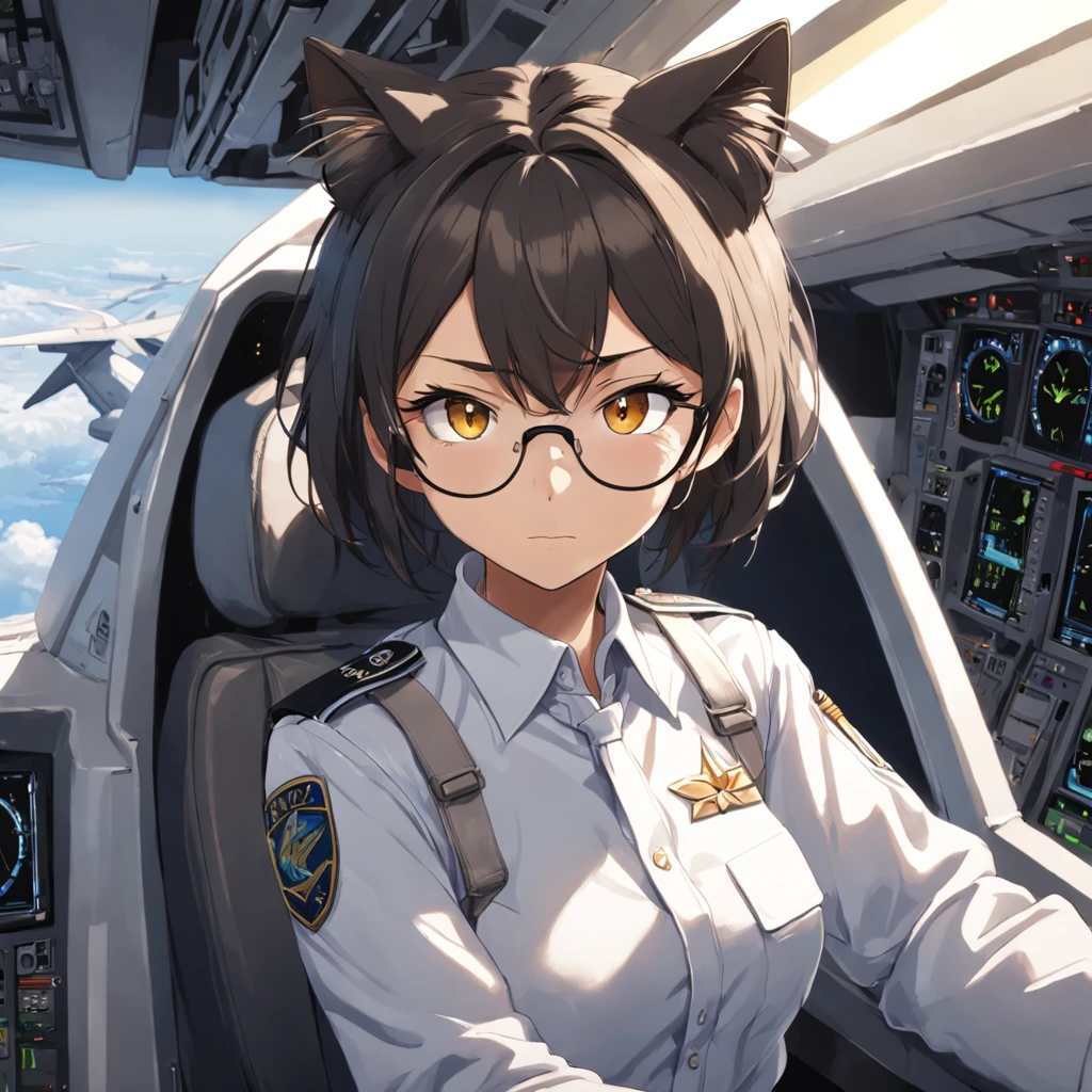 Amid Faux ASI's aviation bliss, a sudden twist upends his life. Escalating conflict leads to his unexpected draft into the Airforce. From the peaceful skies, he's thrust into the cockpit of fighter jets—F-16C for precision strikes, F-22 for air superiority, F-35 for versatile missions, and A-10 for ground support. Under the callsign "Senpai 1-1," Faux must embrace this new role. 1girl, short black bob hair, yellow eyes, Round glasses, tan skin,dark skin ,BROWN SKIN, SHE HAS LIGHT BROWN SKIN, petite body, wearing plain white formal work shirt, wearing long black pants, business tie, absurdres, high res, ultrasharp, 8k, masterpiece, looking at viewer, cat ears, airline pilot uniform, airline pilot hat, white background, short sleeve, bangs, flat chest, whiskers, androgynous, she has cat ears on her head, she has cat teeth, cloudy background, holding pet black cat, smiling, large round glasses, no airplanes, airplane cabin background, wearing a choker on neck, collar on her neck