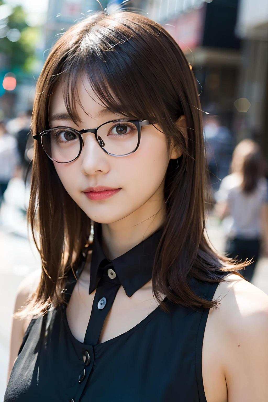 (8K、Raw photography、top-quality、masterpiece:1.2)、(realisitic、Photorealsitic:1.37)、ultra-detailliert、超A high resolution、女の子1人、see the beholder、beautifull detailed face、A smile、Constriction、(Slim waist) :1.3)、Collar shirts、Beautiful detailed skin、Skin Texture、Floating hair、Professional Lighting、In the street、Black-rimmed square glasses、Whole human body、Brown hair