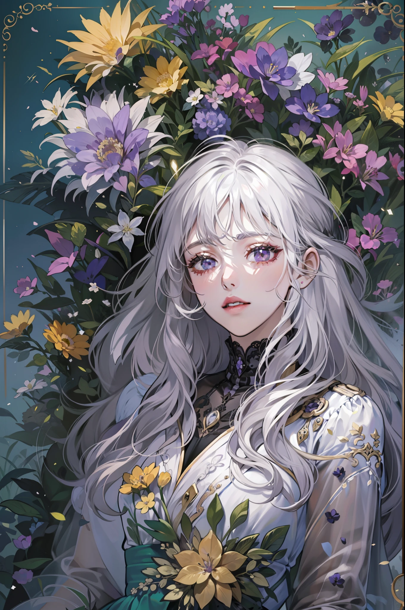 A woman with long silver-white hair lying on turf，The picture remains on the upper body，Silvery-white hair，Long hair scattered，Purple eye，((Black dress))，The turf is covered with various flowers，Colorful，Light，Texture，bangs，Natural causes，Delicate and beautiful details，(Eye details），very detailed illustration