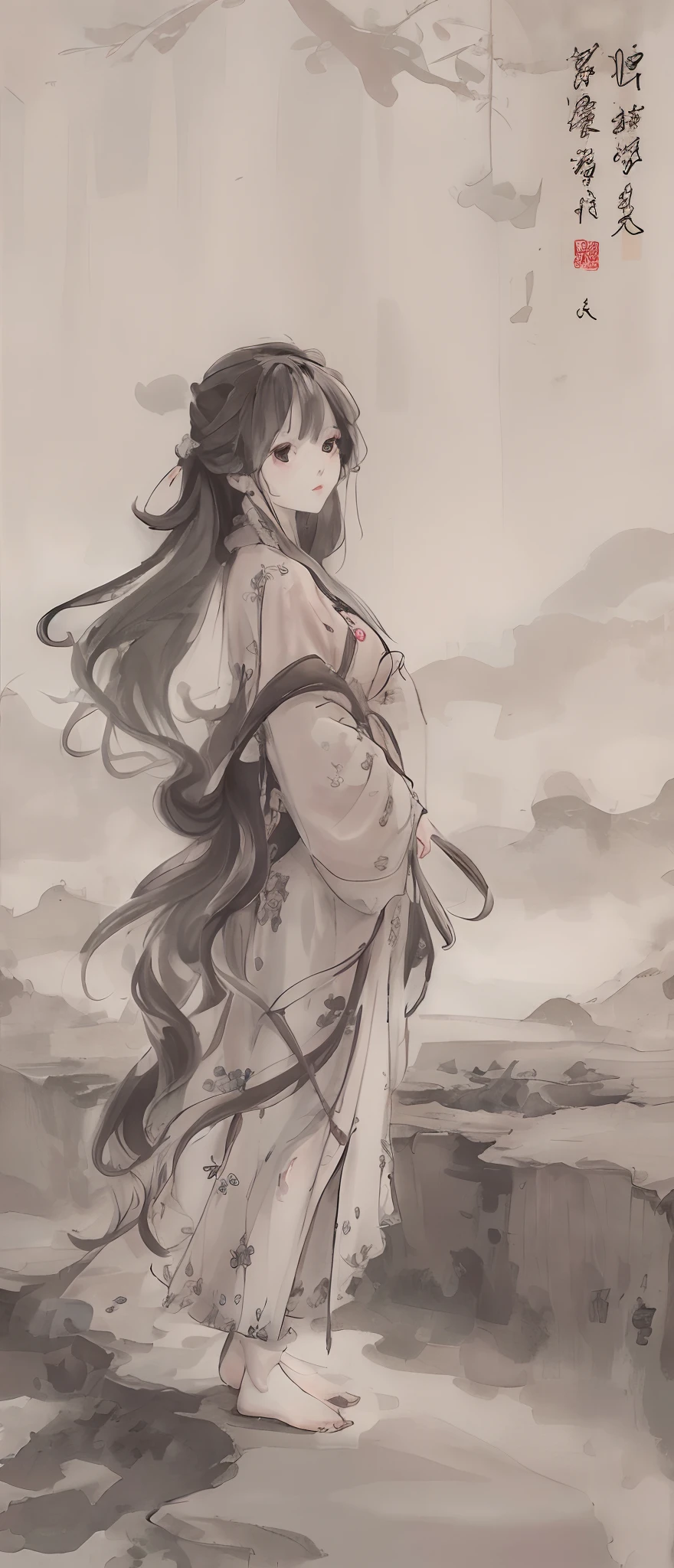 painting of a woman in a long dress standing on a cliff, flowing hair and long robes, by Yang J, beautiful character painting, palace , a girl in hanfu, by Zeng Jing, guweiz, guweiz on pixiv artstation, by Zhou Fang, by Huang Shen, by Ye Xin, artwork in the style of guweiz