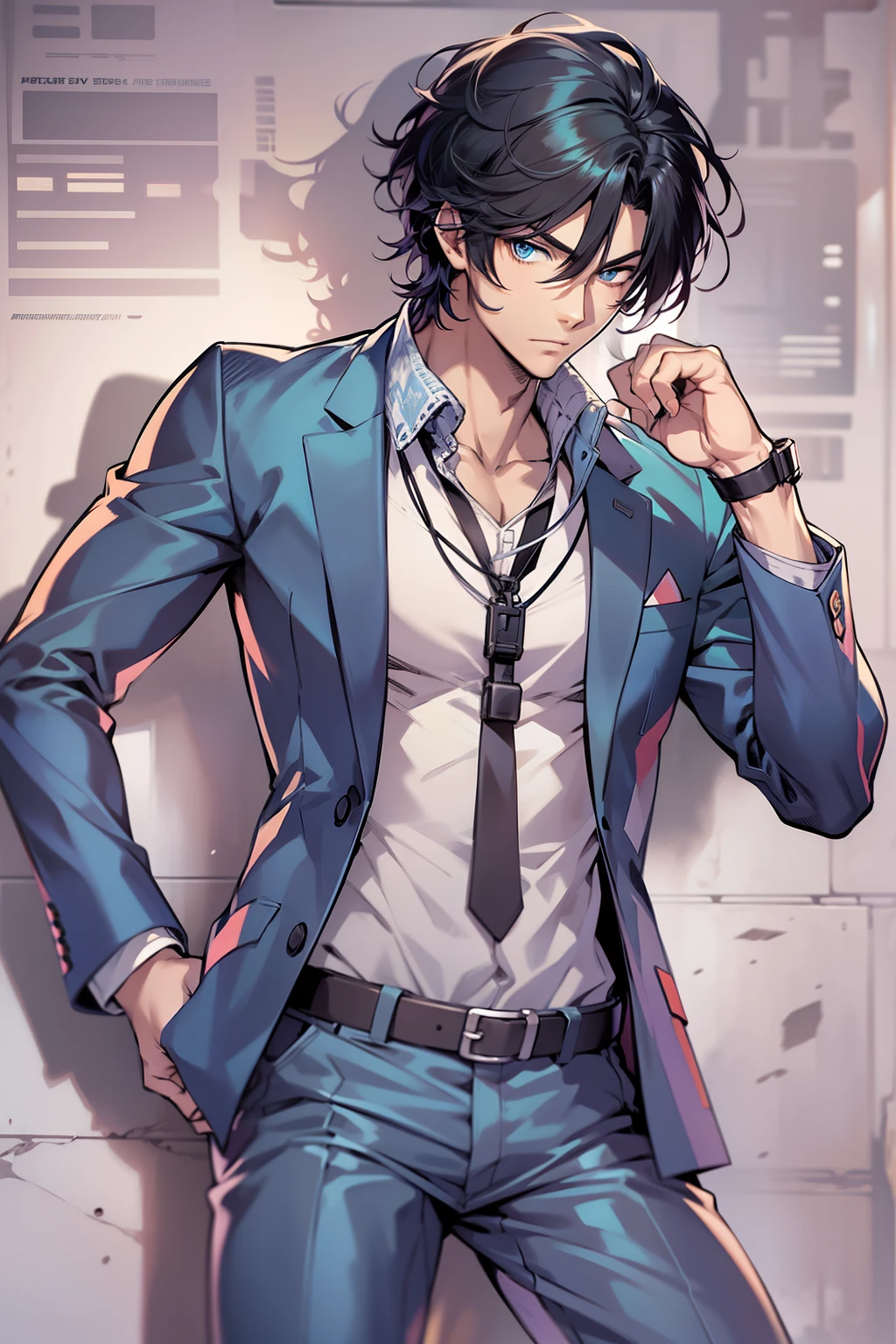 Medium black hair, Blue eyes,musculature,Handsome man,Tight suit,废墟,detailed anime character art, illustratio