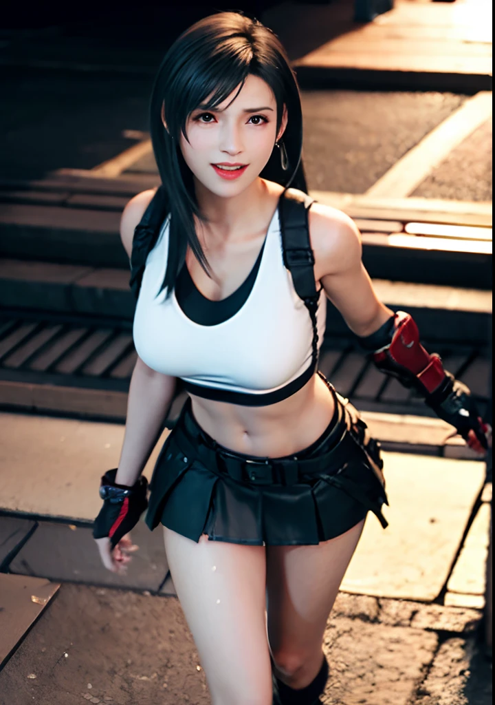 Tifa Lockhart, 1girl,  defTifa, (white shirt,elbow pad, gloves, suspenders, black socks, red boots:1.3), medium breast, beautiful face, highly detailed face, highly detailed eyes, highly detailed skin, skin pores, subsurface scattering, realistic pupils, medium breast, full face blush, full lips, detailed background, depth of field, volumetric lighting, sharp focus, absurdres, realistic proportions, good anatomy, masterpiece, best quality,realistic, hyperrealistic, 16k hdr,erected nipples,see through nipples,cleavage,navel,(sweat:1.2),outdoor,blue sky,beach background,(moaning,naughty expression:1.2),(drooling,tongue,saliva:1.3),necklace,sitting,show off pussy,(holding realistic dildo,sucking dildo,licking dildo:1.2),