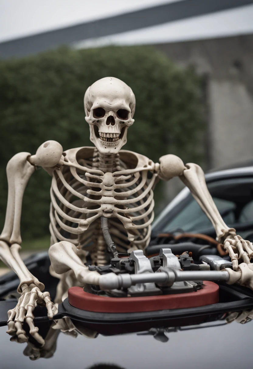 a skeleton monster driving a porsche 911