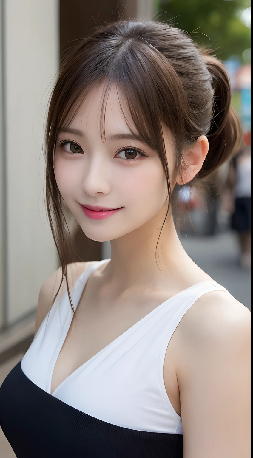 masutepiece, Best Quality, Illustration, Ultra-detailed, finely detail, hight resolution, 8K Wallpaper, Perfect dynamic composition, Beautiful detailed eyes, Women's Fashion Summer,Ponytail hair,Small breasts natural color lip, Bold sexy poses,Smile,Harajuku、20 years girl、Cute、Sexy shot looking at camera