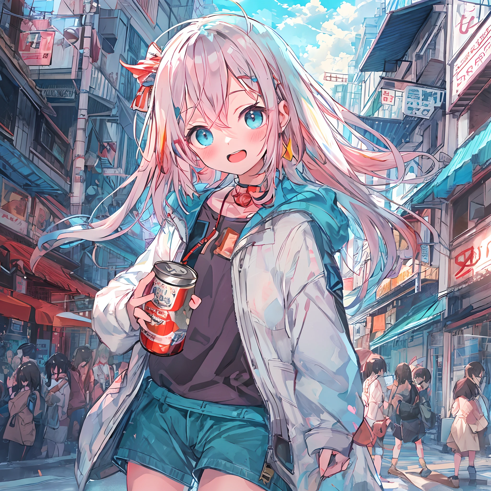 absurderes, hight resolution, (Anime style:1.1), ((masutepiece)), ((Best Quality)), (Ultra-detailed), (Beautiful), 独奏, Beautiful face、(liftup),Cute little girl standing on the street of urban red light district,Wind,Light blue hair, Blue eyes,Casual clothing,Laugh,Looking at Viewer,Lens Flare,Dramatic,Lots of crowds、Sitting on the edge of the road drinking a can chu hai