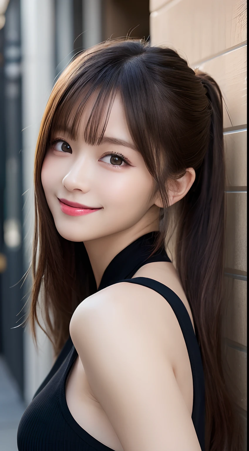 masutepiece, Best Quality, Illustration, Ultra-detailed, finely detail, hight resolution, 8K Wallpaper, Perfect dynamic composition, Beautiful detailed eyes, Women's Fashion Summer,Ponytail hair,Small breasts natural color lip, Bold sexy poses,Smile,Harajuku、20 years girl、Cute、Sexy shot looking at camera