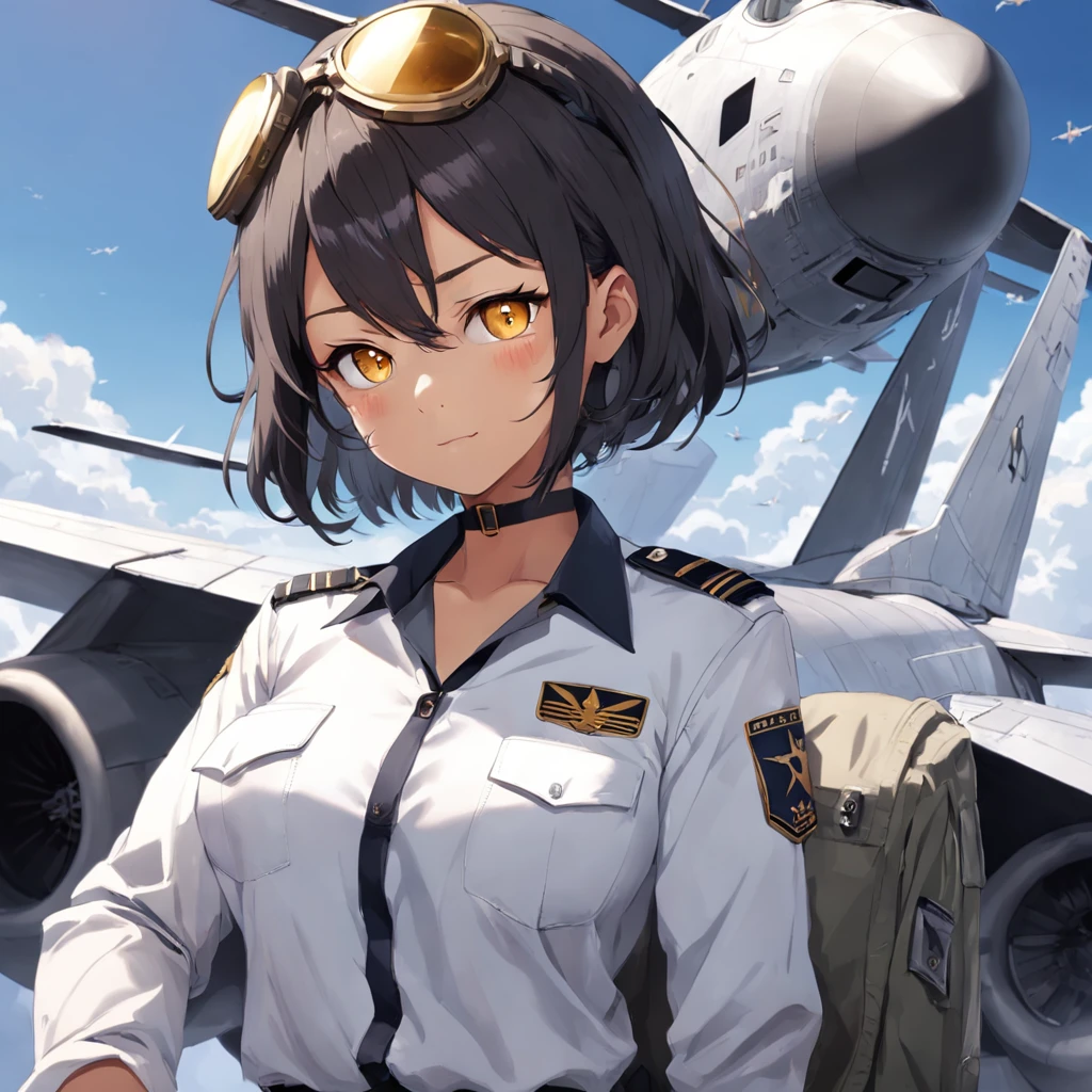 Amid Faux ASI's aviation bliss, a sudden twist upends his life. Escalating conflict leads to his unexpected draft into the Airforce. From the peaceful skies, he's thrust into the cockpit of fighter jets—F-16C for precision strikes, F-22 for air superiority, F-35 for versatile missions, and A-10 for ground support. Under the callsign "Senpai 1-1," Faux must embrace this new role. 1girl, short black bob hair, yellow eyes, Round glasses, tan skin,dark skin ,BROWN SKIN, SHE HAS LIGHT BROWN SKIN, petite body, wearing plain white formal work shirt, wearing long black pants, business tie, absurdres, high res, ultrasharp, 8k, masterpiece, looking at viewer, cat ears, airline pilot uniform, airline pilot hat, white background, short sleeve, bangs, flat chest, whiskers, androgynous, she has cat ears on her head, she has cat teeth, cloudy background, holding pet black cat, smiling, large round glasses, no airplanes, airplane cabin background, wearing a choker on neck, collar on her neck, F-18 cockpit
