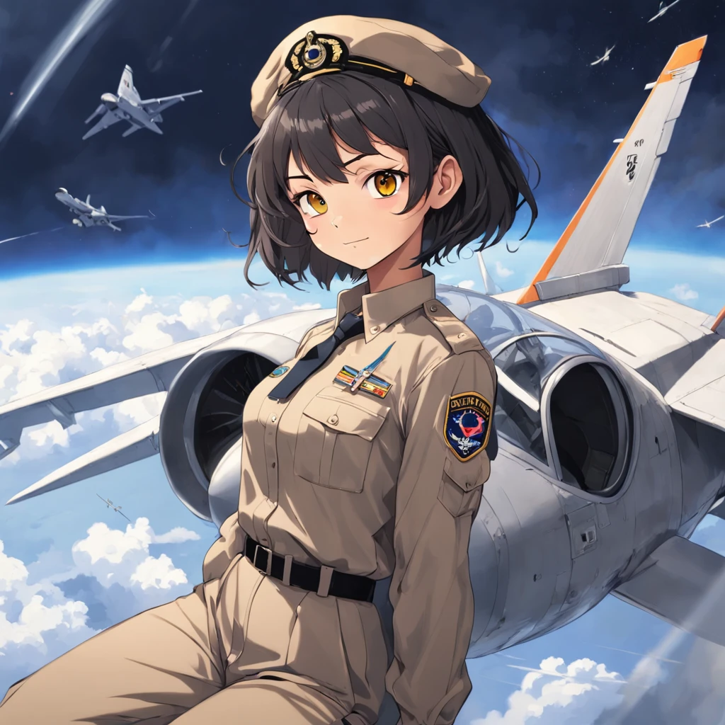 Amid Faux ASI's aviation bliss, a sudden twist upends his life. Escalating conflict leads to his unexpected draft into the Airforce. From the peaceful skies, he's thrust into the cockpit of fighter jets—F-16C for precision strikes, F-22 for air superiority, F-35 for versatile missions, and A-10 for ground support. Under the callsign "Senpai 1-1," Faux must embrace this new role. 1girl, short black bob hair, yellow eyes, Round glasses, tan skin,dark skin ,BROWN SKIN, SHE HAS LIGHT BROWN SKIN, petite body, wearing plain white formal work shirt, wearing long black pants, business tie, absurdres, high res, ultrasharp, 8k, masterpiece, looking at viewer, cat ears, airline pilot uniform, airline pilot hat, white background, short sleeve, bangs, flat chest, whiskers, androgynous, she has cat ears on her head, she has cat teeth, cloudy background, holding pet black cat, smiling, large round glasses, no airplanes, airplane cabin background, wearing a choker on neck, collar on her neck, F-18 cockpit
