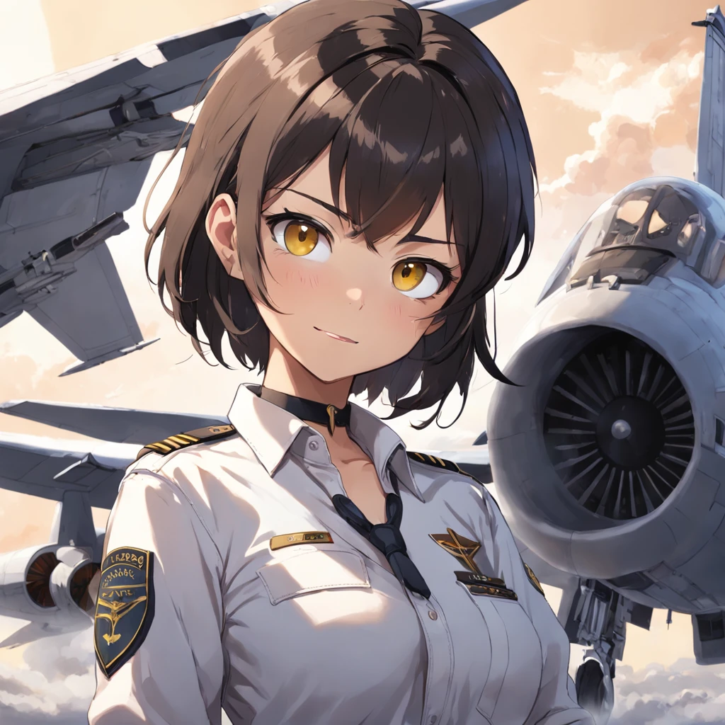 Amid Faux ASI's aviation bliss, a sudden twist upends his life. Escalating conflict leads to his unexpected draft into the Airforce. From the peaceful skies, he's thrust into the cockpit of fighter jets—F-16C for precision strikes, F-22 for air superiority, F-35 for versatile missions, and A-10 for ground support. Under the callsign "Senpai 1-1," Faux must embrace this new role. 1girl, short black bob hair, yellow eyes, Round glasses, tan skin,dark skin ,BROWN SKIN, SHE HAS LIGHT BROWN SKIN, petite body, wearing plain white formal work shirt, wearing long black pants, business tie, absurdres, high res, ultrasharp, 8k, masterpiece, looking at viewer, cat ears, airline pilot uniform, airline pilot hat, white background, short sleeve, bangs, flat chest, whiskers, androgynous, she has cat ears on her head, she has cat teeth, cloudy background, holding pet black cat, smiling, large round glasses, no airplanes, airplane cabin background, wearing a choker on neck, collar on her neck, F-18 cockpit