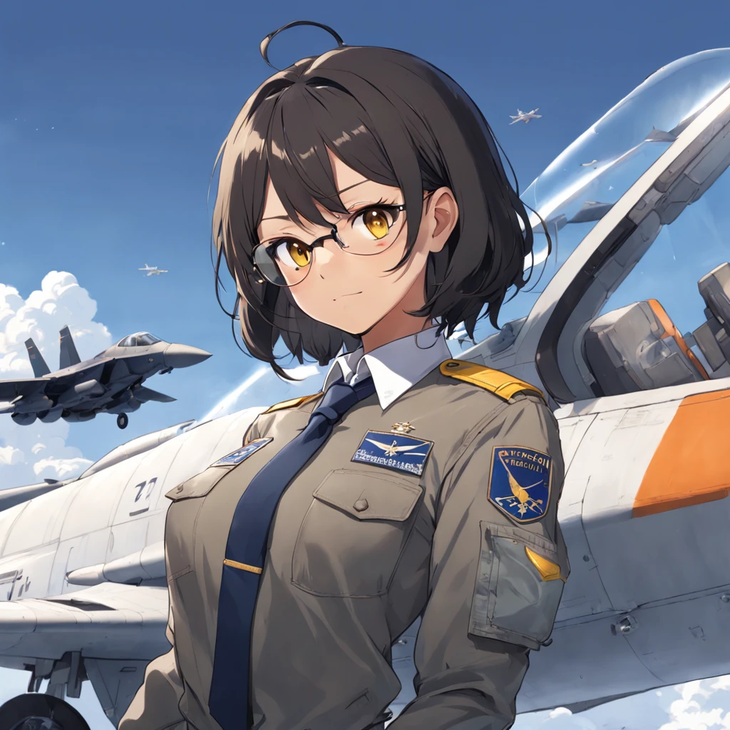 Amid Faux ASI's aviation bliss, a sudden twist upends his life. Escalating conflict leads to his unexpected draft into the Airforce. From the peaceful skies, he's thrust into the cockpit of fighter jets—F-16C for precision strikes, F-22 for air superiority, F-35 for versatile missions, and A-10 for ground support. Under the callsign "Senpai 1-1," Faux must embrace this new role. 1girl, short black bob hair, yellow eyes, Round glasses, tan skin,dark skin ,BROWN SKIN, SHE HAS LIGHT BROWN SKIN, petite body, wearing plain white formal work shirt, wearing long black pants, business tie, absurdres, high res, ultrasharp, 8k, masterpiece, looking at viewer, cat ears, airline pilot uniform, airline pilot hat, white background, short sleeve, bangs, flat chest, whiskers, androgynous, she has cat ears on her head, she has cat teeth, cloudy background, holding pet black cat, smiling, large round glasses, no airplanes, airplane cabin background, wearing a choker on neck, collar on her neck, F-18 cockpit