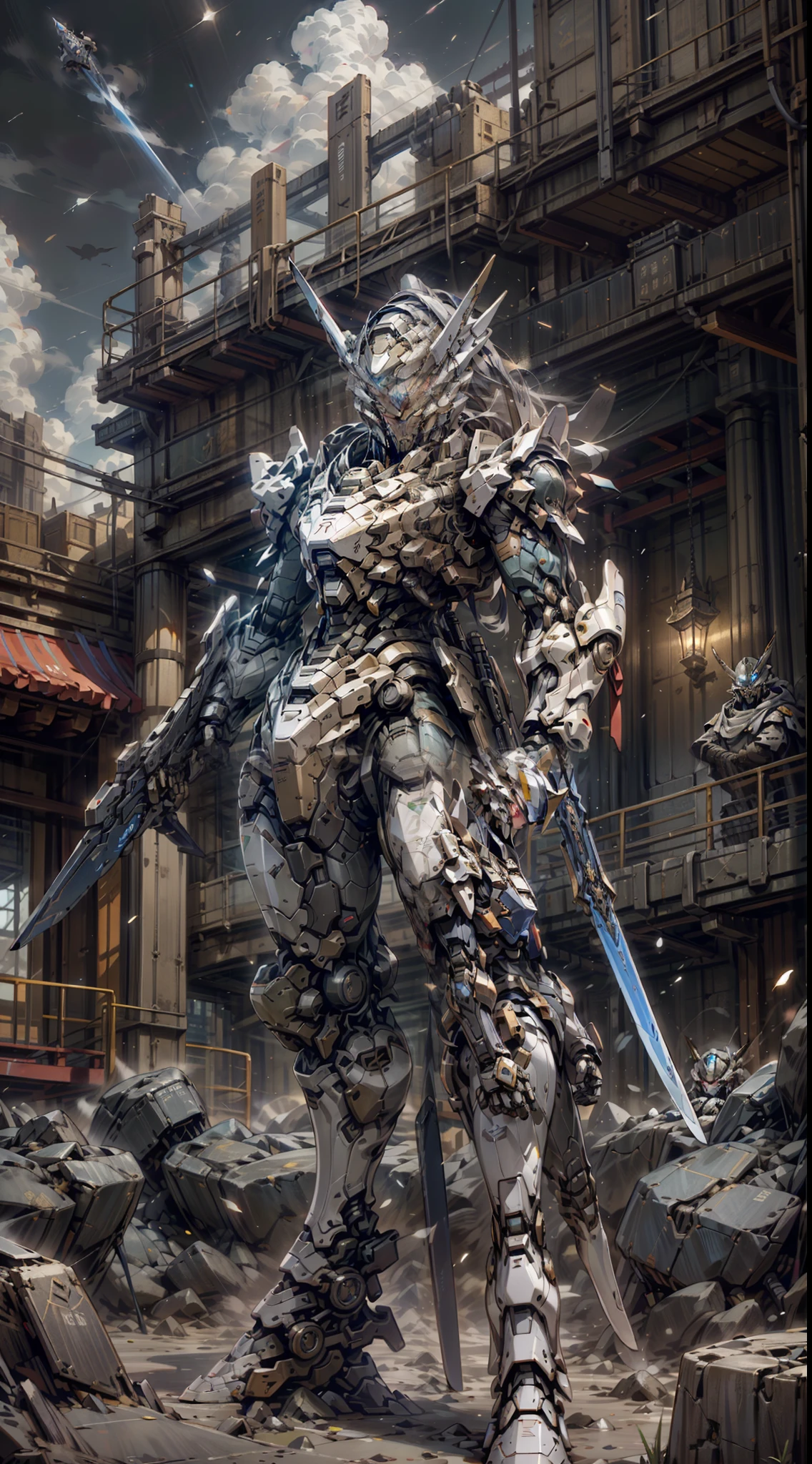 ((Best Quality)), ((Master Works)), (Very Detailed: 1.3), 8K, cool painting, full of sci-fi atmosphere, blue mecha looking up sideways at the sky, blue, gilded blue, holding a sword, swords scattered, streamlined blue armor, complex weapons and equipment behind it, Gundam humanoid mech, anime mecha aesthetics, perfect body proportions, head-up view, standing posture, military giant mecha, missiles, rocks, futuristic technology, realism, dark clouds in the sky, dark war background, Ray Tracing, Light Particle, NVIDIA Trtx, Super Resolution, Unreal 5, Subsurface Scattering, Specular and Albedo Mapping, Rule of Thirds, Large Aperture, Battle Stance, 8K Raw Data, High Efficiency Subpixels, Subpixel Convolution, Light Particle, Light Scattering, Tyndall Effect, Ray Tracing.