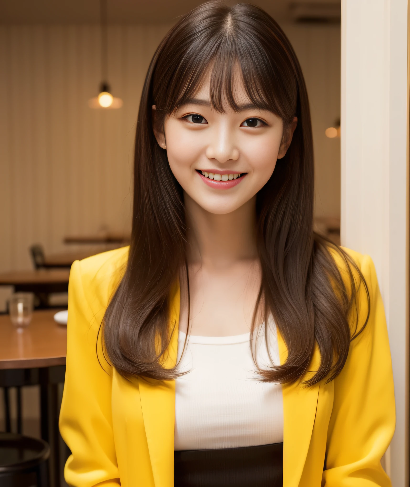 ((best quality, 8K, masterpiece: 1.3)), beautiful girl, pure, melon face, kind and cute, sweet smile, pure desire, slender body, (front), (tilted head), ((looking at camera) ), wearing a yellow suit, black silky medium hair, long flowing shoulders, round black big eyes, clear big eyes, moist red lips, sweet, sitting in a cafe, cafe background , ((((whole body)))),
