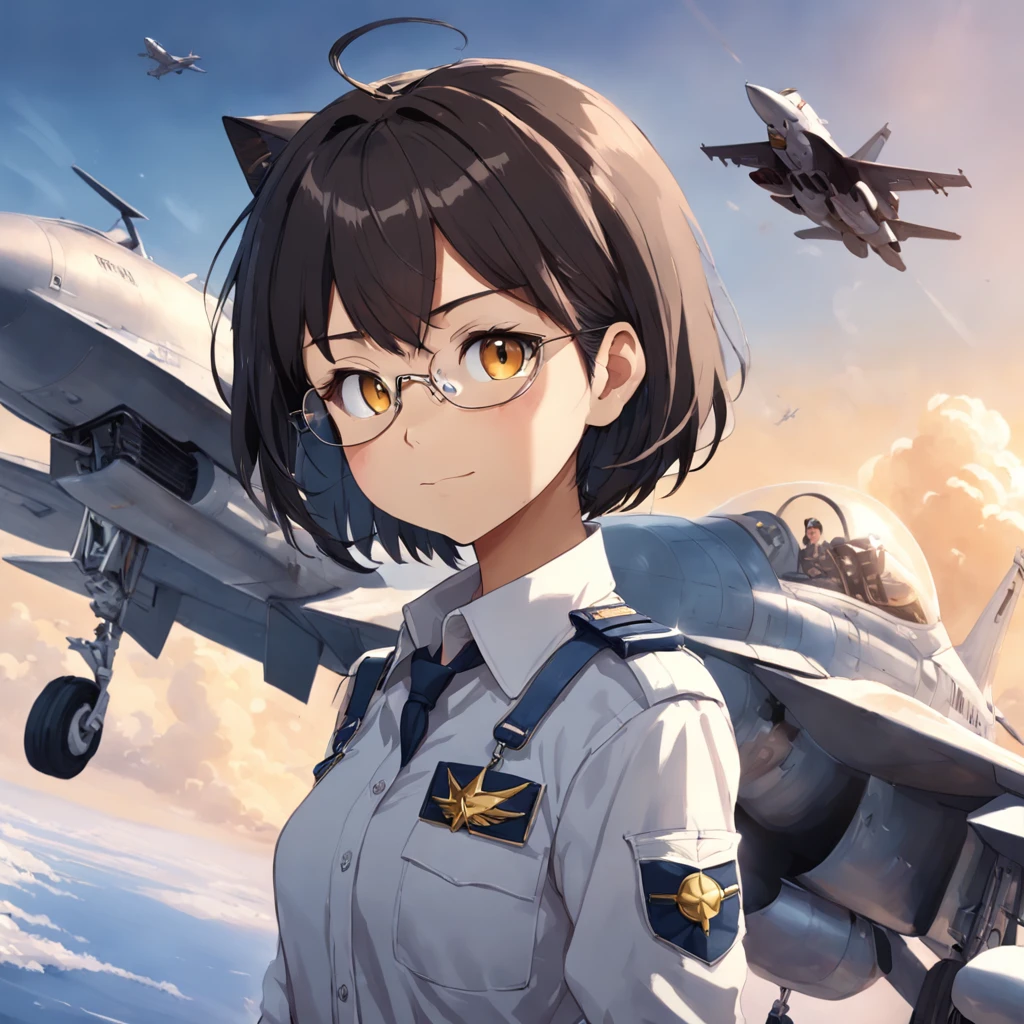Amid Faux ASI's aviation bliss, a sudden twist upends his life. Escalating conflict leads to his unexpected draft into the Airforce. From the peaceful skies, he's thrust into the cockpit of fighter jets—F-16C for precision strikes, F-22 for air superiority, F-35 for versatile missions, and A-10 for ground support. Under the callsign "Senpai 1-1," Faux must embrace this new role. 1girl, short black bob hair, yellow eyes, Round glasses, tan skin,dark skin ,BROWN SKIN, SHE HAS LIGHT BROWN SKIN, petite body, wearing plain white formal work shirt, wearing long black pants, business tie, absurdres, high res, ultrasharp, 8k, masterpiece, looking at viewer, cat ears, airline pilot uniform, airline pilot hat, white background, short sleeve, bangs, flat chest, whiskers, androgynous, she has cat ears on her head, she has cat teeth, cloudy background, holding pet black cat, smiling, large round glasses, no airplanes, airplane cabin background, wearing a choker on neck, collar on her neck