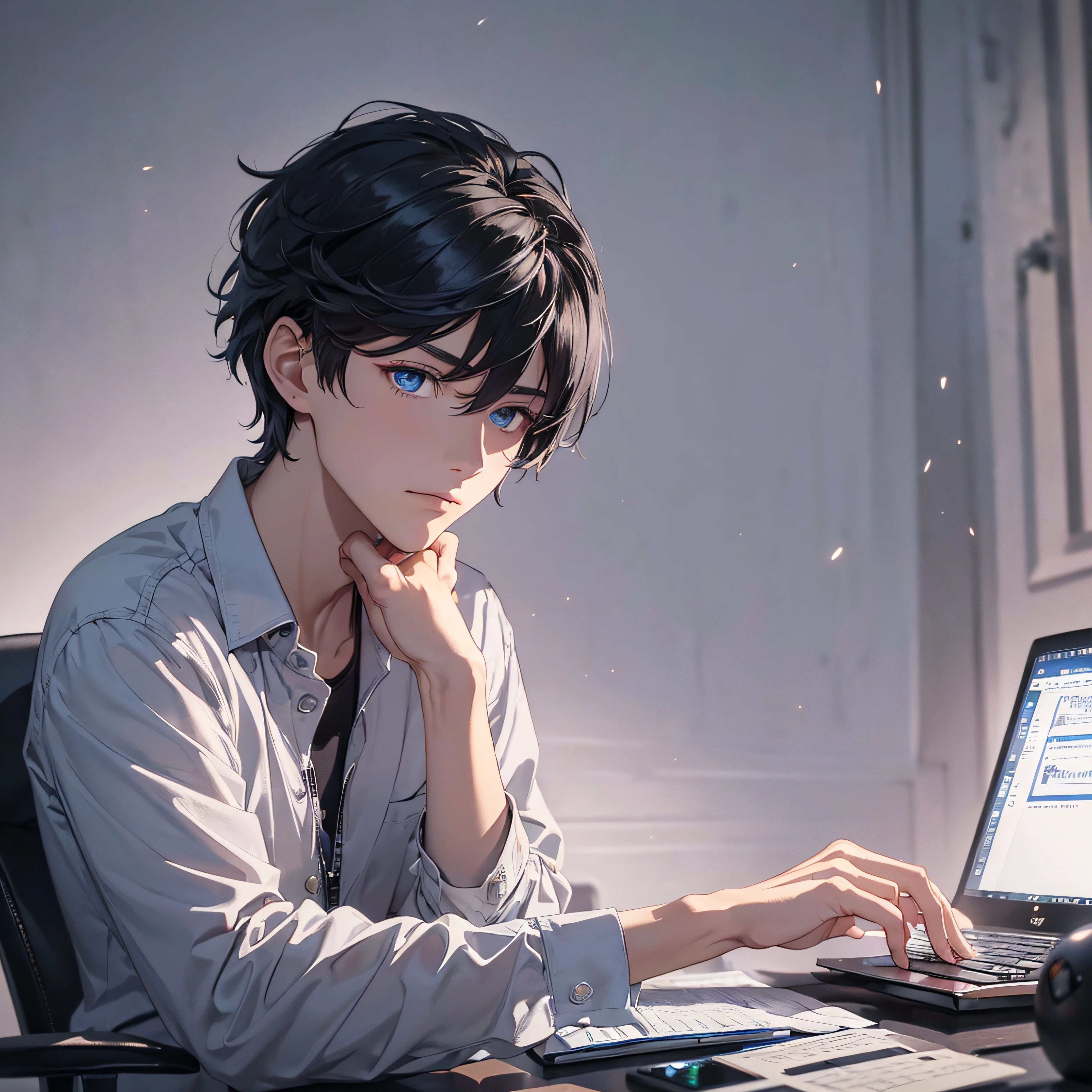 (tmasterpiece, Far plan, amazing quality, A highly detailed, Young guy, short black hair, blue eyes, shadows under the eyes, Focused gaze, sitting at a table, keyboard, computer, Dark background, twilight), afternoon, typing on keyboard, hacker, ray tracing, cyberstation.