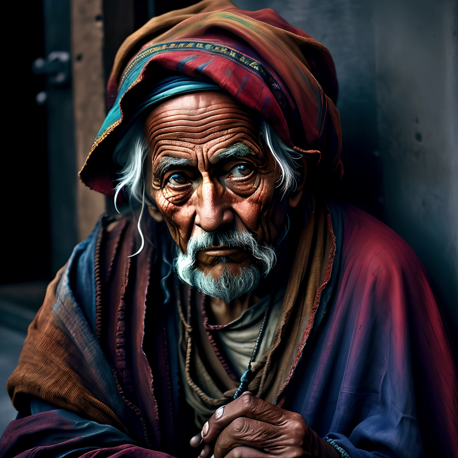 An old beggar, colorful,
yang08k, photography, beautiful, black background,
masterpieces, top quality, best quality, official art, beautiful and aesthetic, realistic,