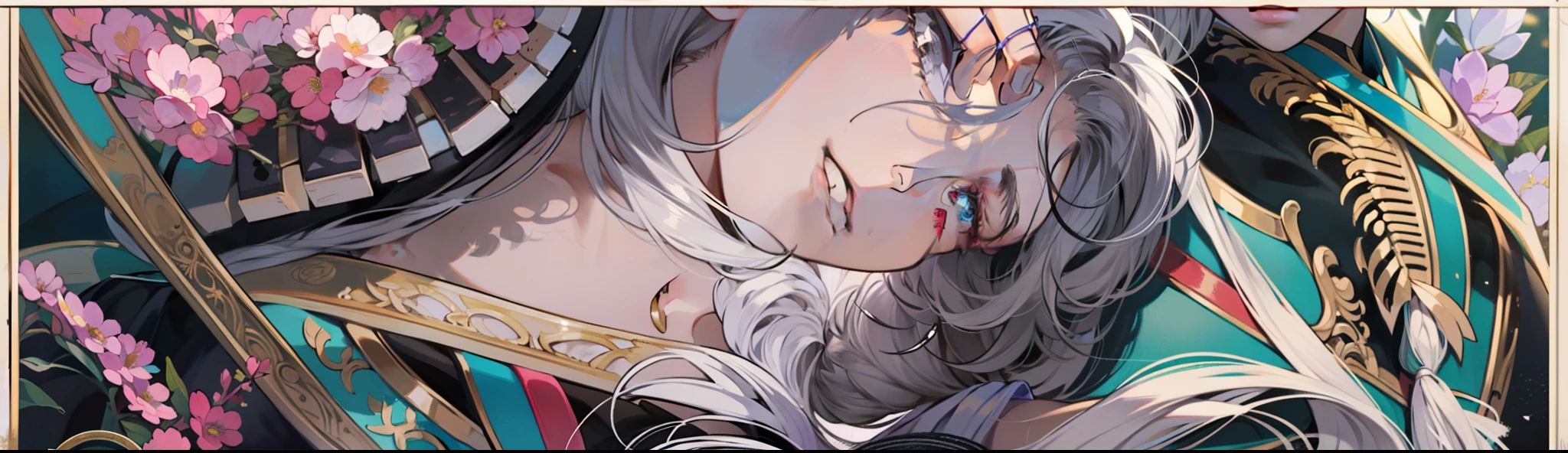 A woman with long silver-white hair lying on turf,The picture remains on the upper body,Silvery-white hair,Long hair scattered,Purple eye,((Black dress)),The turf is covered with various flowers,Colorful,Light,Texture,bangs,Natural causes,Delicate and beautiful details,(Eye details),very detailed illustration