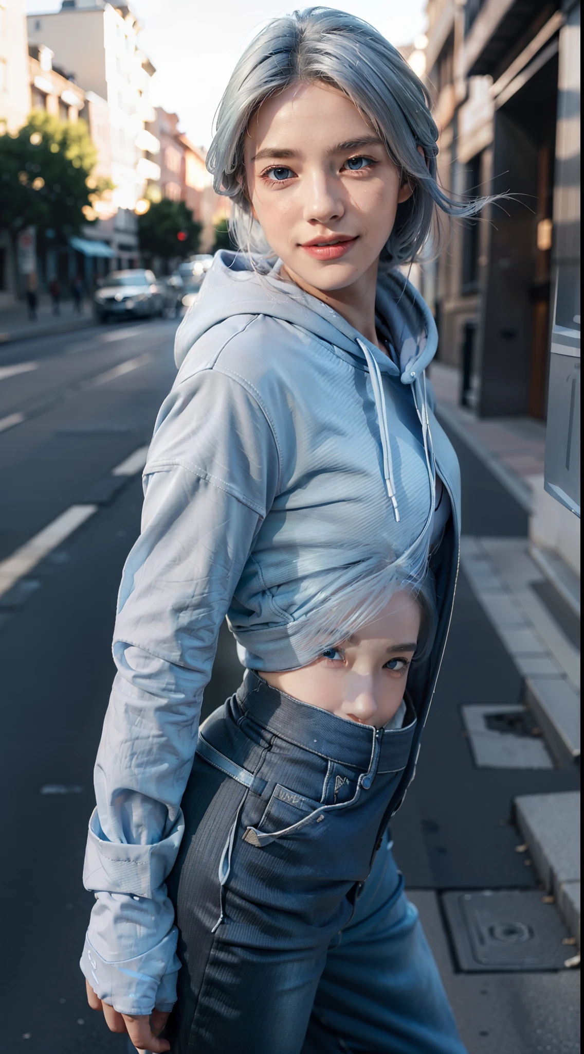 1girl, jett (valorant), cosplay, valorant, blue hoodie, blue eyes, smiling thin lips, silver hair, gloves, solo, upper body, outdoors, noon, streets, sunshine, standing, beautiful face, (cowboy shot), 8k, hdr, ultra highres, masterpiece,(realistic), highly detailed CG unified 8K wallpapers, (HQ skin:1.2),8k uhd, dslr, high quality, beautiful skin, attractive, ultra-high resolution, ultra-realistic, high-definition, close-up, dynamic pose, looking at viewer,