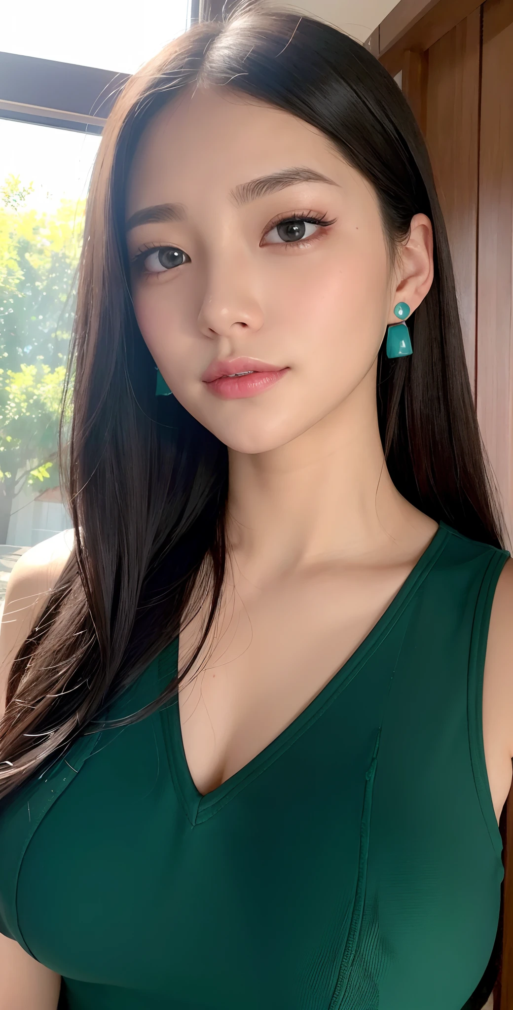 top-quality、masterpiece、hight resolution、Black hair、Turquoise hair inside、BREAK、A slight smil、frontage、1 Female solo、beautiful shadow、Dazzling light、well-muscled、Complicated piercing of ears、Well-formed face、Hyper Detail、Colossal tits、beautifuldetails、Delicate、green colored eyes、Wipe sweat、Reddish eyeshadow、Reddish eyelashes