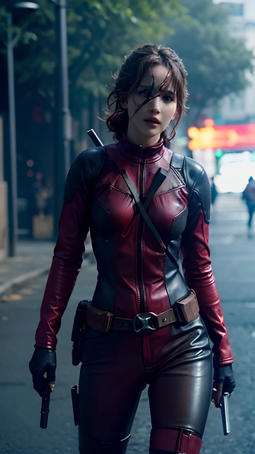 Jennifer Lawrence, Mulher corpo definido (((seios muito grandes))), vestindo cosplay de deadpool