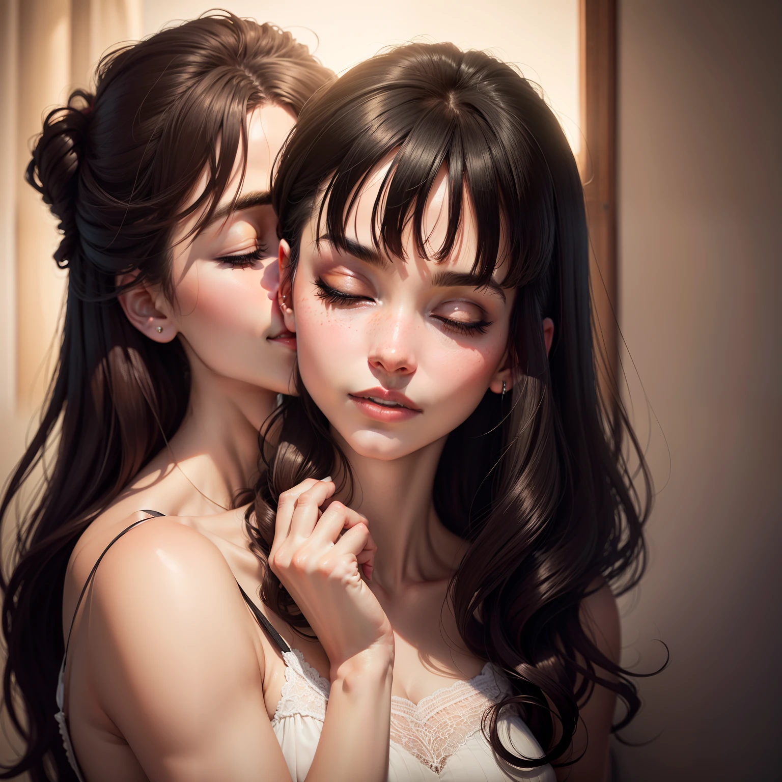 Two girls (13 years old), naked, identical, clones, kissing each other,
