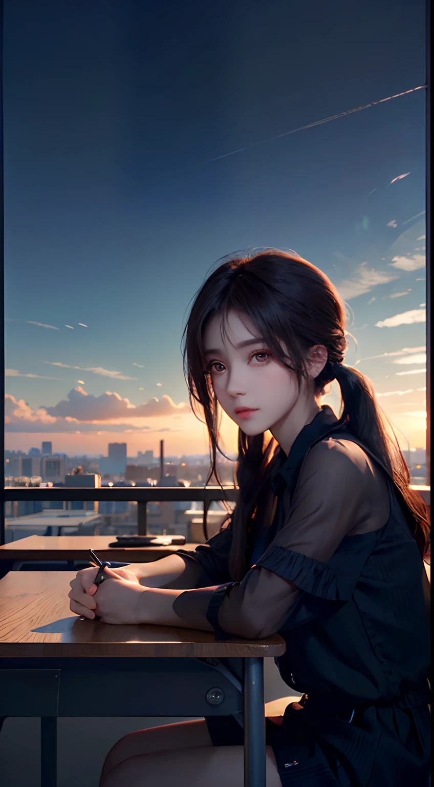long eyelasher, solid circle eyes, pony tails, Hair is shiny and dark, Colored Contact Lenses, surrealism, shadowing, anaglyph, stereograms, angle of view, Atmospheric perspective, 8K, Super detail, ccurate, Best quality,1girll,On campus,classroom desk