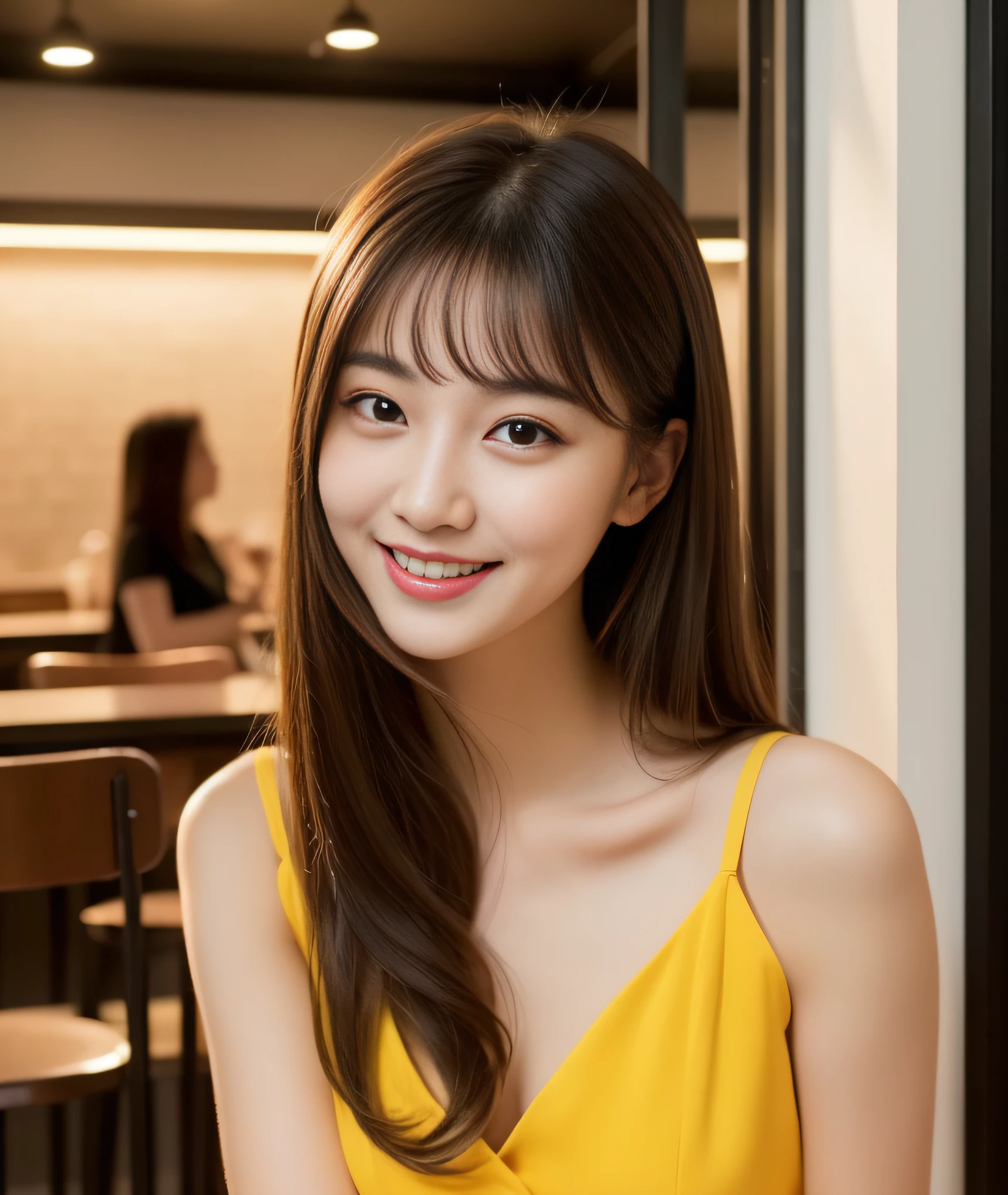 ((best quality, 8K, masterpiece: 1.3)), beautiful girl, pure, melon face, kind and cute, sweet smile, pure desire, slender body, (front), (tilted head), ((looking at camera) ), wearing a yellow suit, black silky medium hair, long flowing shoulders, round black big eyes, clear big eyes, moist red lips, sweet, sitting in a cafe, cafe background , ((((whole body)))),