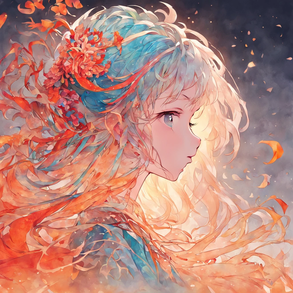 (White background:1.4),(Silhouette of a girl's head, Eyes closed, colorfull long hair, Oriental elements)，(Chinese illustration:1.3，paper art:1.3, Quilted paper art:1.2),( reasonable design, Clear lines, High sharpness,Best quality, Very detailed, Masterpiece, movie light effect, 4K )