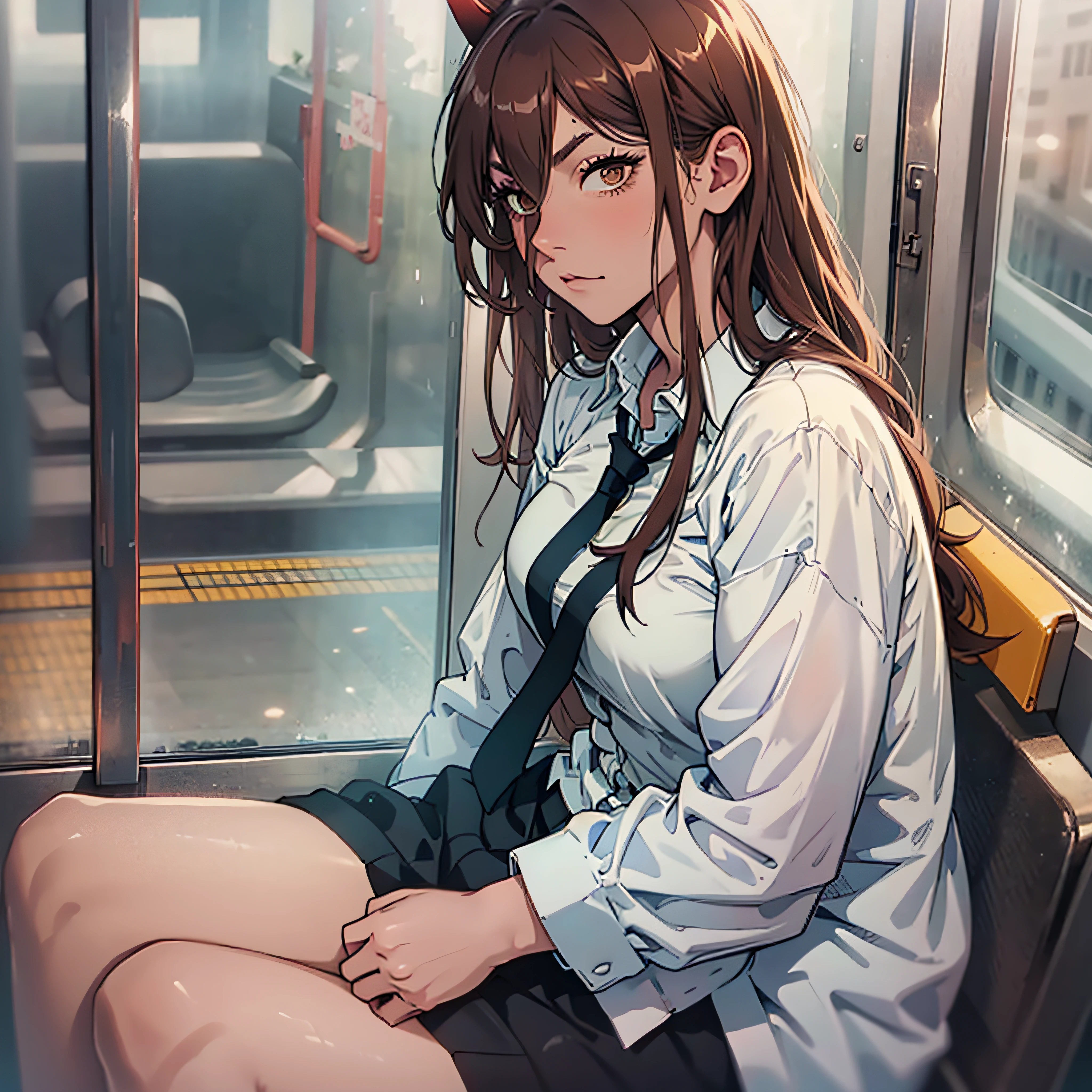 absurderes, solo, ​masterpiece、top-quality、Kobayashi,1 girl, white shirt, relised yellow tie, black office pants,short sleeves、office shoes, tired, flat chest, Highly detailed body lines, in a subway car, sitting, front view, night, spread legs, hand on tits, hand between legs, wet, shy, aroused, 