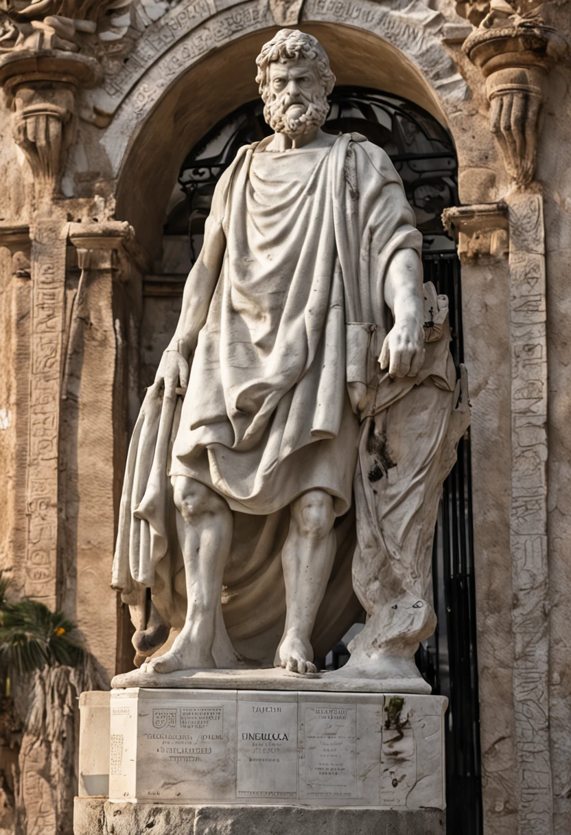 Estoico hombre de la estatua griega con un cuerpo fuerte y robusto, resembling the ancient philosophical statue Seneca, Estatua blanca y plateada, Estatua de ojos blancos y plateados.