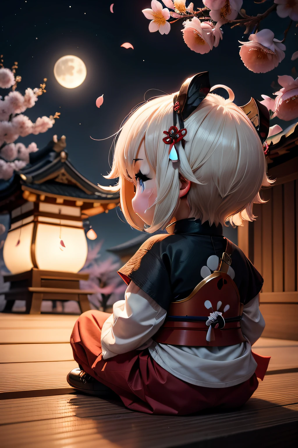Chibi Samurai、cherry blossoms falling、Moon Night、look up to、Rear view