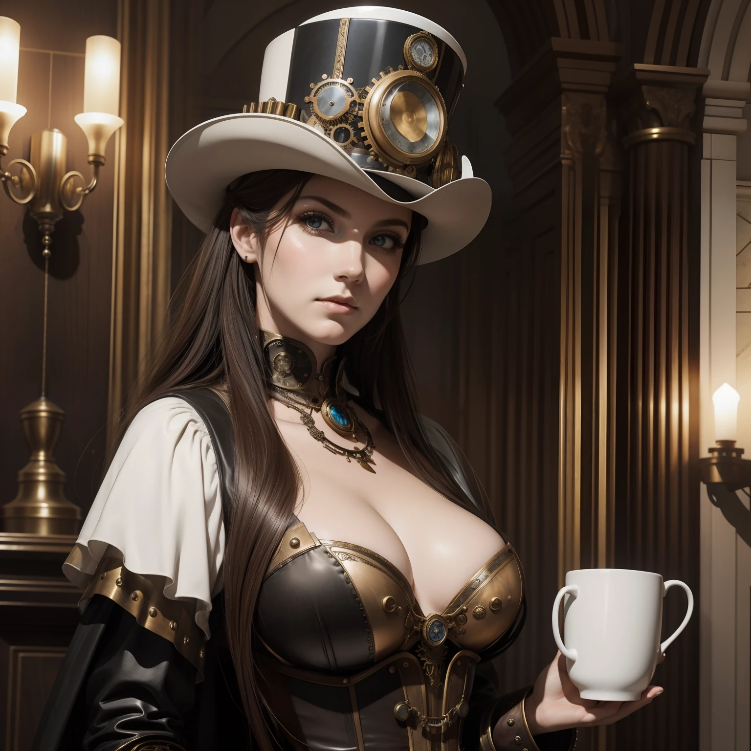steampunk woman, renaissance bust, white marble, centered, full-face, mug shot, front view, with empty spaces above and below