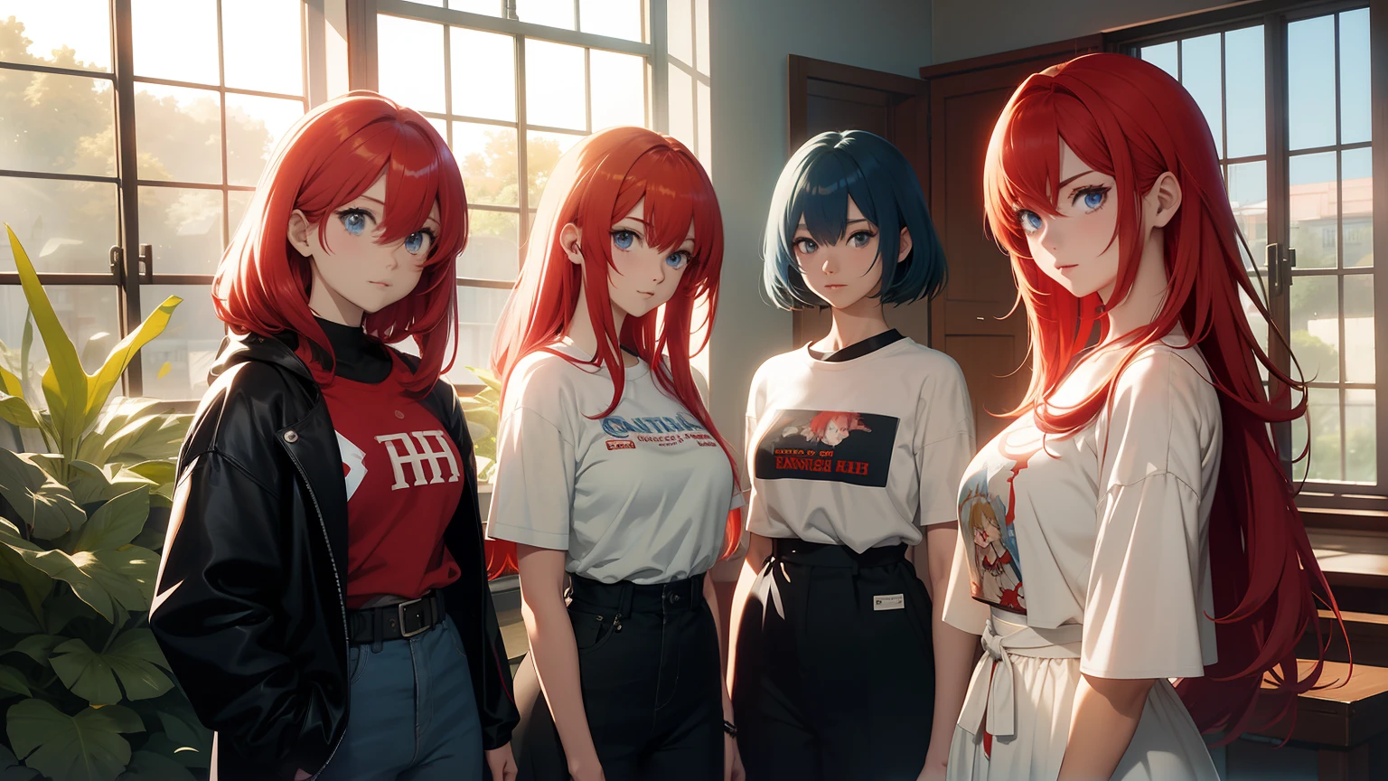 Anime characters with red hair and blue eyes standing in front of a window, profundidade de campo, surrounded by water, Rias Gremory, tou, detalhes finos. meninas da linha de frente, menina anime sedutora, de meninas da linha de frente, ( ( ( Yoh Yoshinari ) ) ), arte cg anime suave, Menina anime com cabelo longo, meninas estilo linha de frente, Meninas da linha de frente cg, estilo anime 4K, ela tem cabelos ruivos