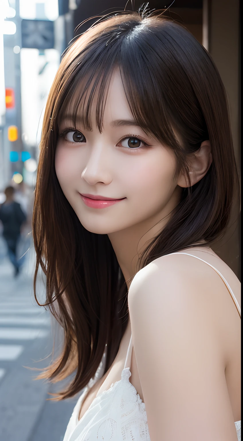 masutepiece, Best Quality, Illustration, Ultra-detailed, finely detail, hight resolution, 8K Wallpaper, Perfect dynamic composition, Beautiful detailed eyes, doress,Medium Hair, Small breasts, Natural Color Lip, Random and sexy poses,Smile,Tokyo Station、20 years girl