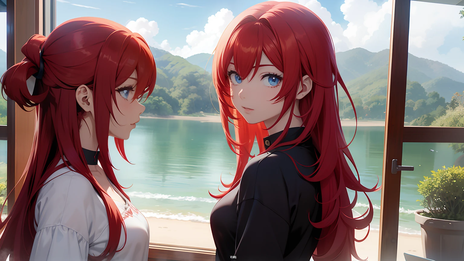 Anime characters with red hair and blue eyes standing in front of a window, profundidade de campo, surrounded by water, Rias Gremory, tou, detalhes finos. meninas da linha de frente, menina anime sedutora, de meninas da linha de frente, ( ( ( Yoh Yoshinari ) ) ), arte cg anime suave, Menina anime com cabelo longo, meninas estilo linha de frente, Meninas da linha de frente cg, estilo anime 4K, ela tem cabelos ruivos