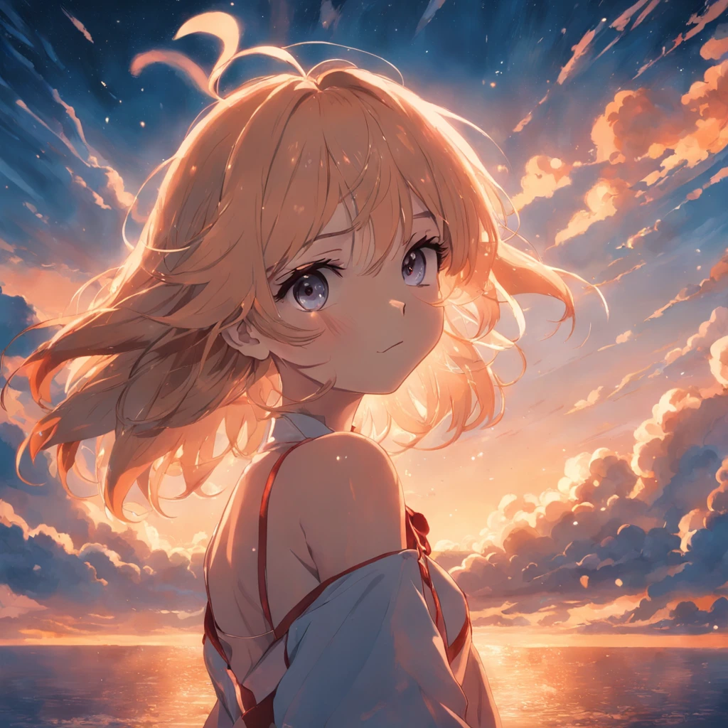 tmasterpiece，best qualtiy，cinematic Film still from，1girl，Cloud Girl，Floating in the sky，closeup cleavage，brightly，cheerfulness，Warm and soft lighting，the sunset，（spark of light：0.7），long whitr hair