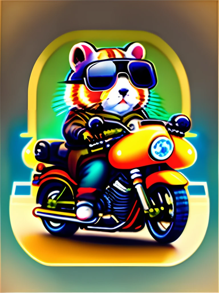 Kawaii hamster riding motorcycle and holding rifle。Female cute hamster is on her back、Aiming with a rifle、wears sunglasses、Gangster hamsters