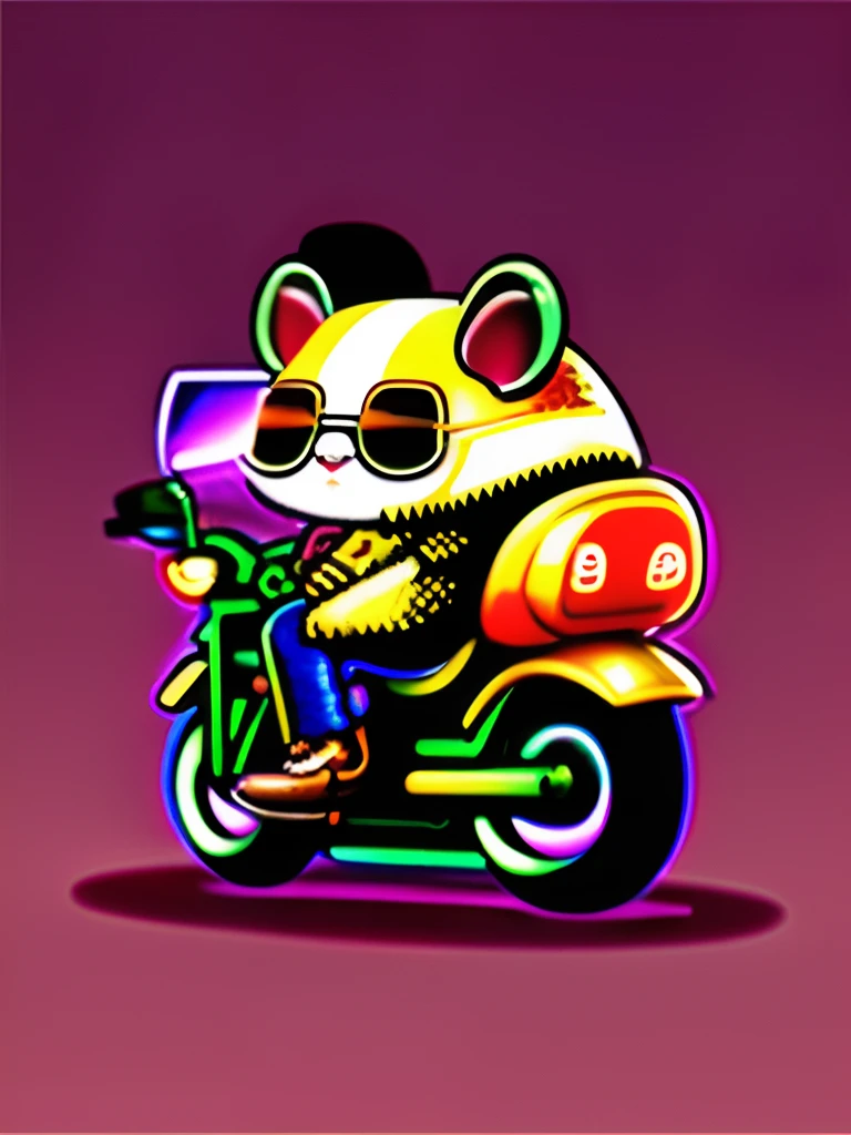 Kawaii hamster riding motorcycle and holding rifle。Female cute hamster is on her back、Aiming with a rifle、wears sunglasses、Gangster hamsters